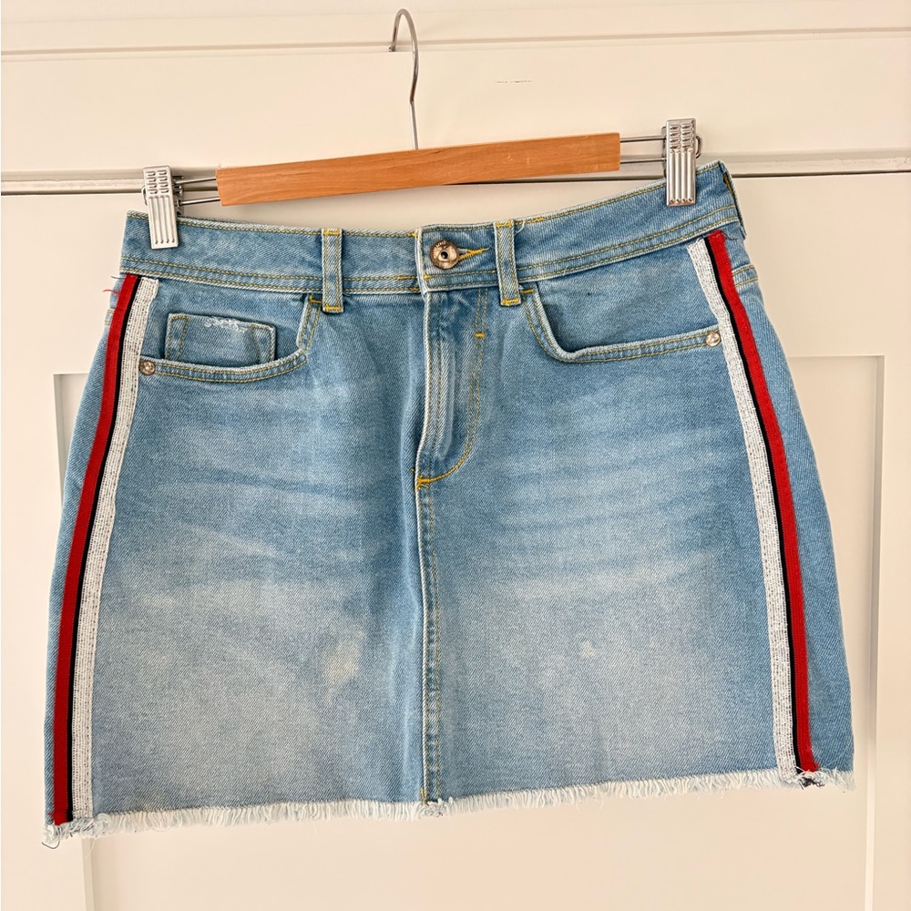 Zara Denim Mini Skirt with Red and White Stripes